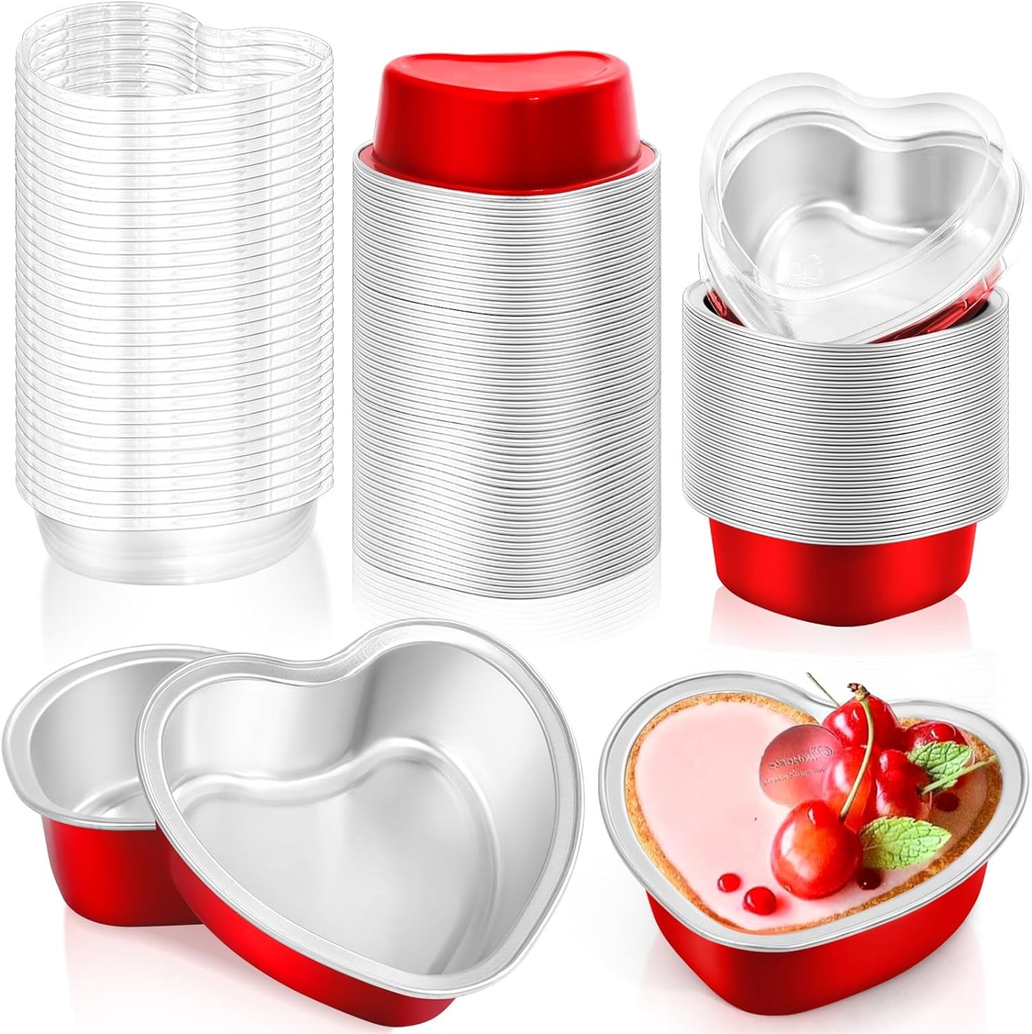 Happon 30 Pieces Aluminum Cake Pans with Lids,Heart Shaped Foil Cupcake