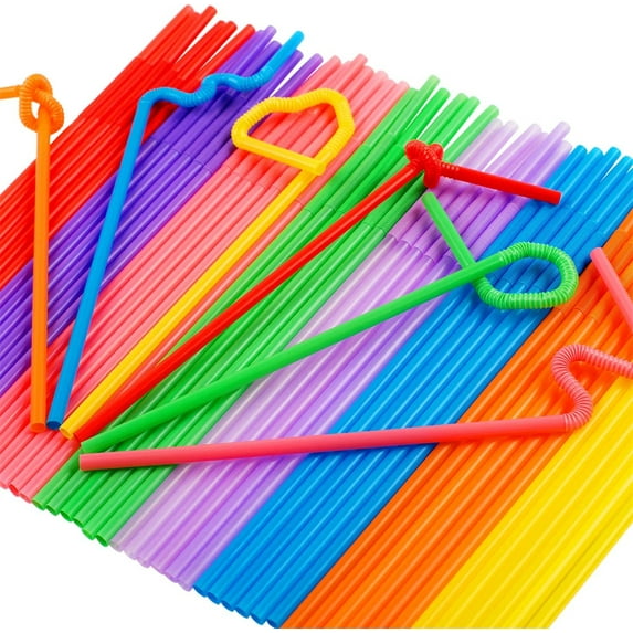 Happon 300Pack Plastic Drinking Straws,Flexible Plastic Straws, Colorful Disposable Bendy Party Fancy Straws,10inch Long Straws Party Decorations