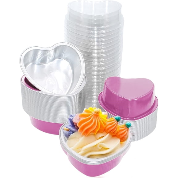 Happon 30Pcs Heart Cake Pans 100ml/3.4oz Aluminum Foil Heart Shaped Cupcake Cup with Lids, Valentines Dessert Cups Baking Cups for Valentines Wedding Christmas Birthday Party Decorations