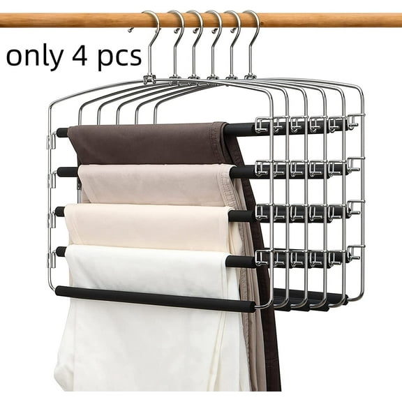 Happon 4 Pack Pants Hangers Space Saving, 5 Layer Tiered Non-Slip Metal Pants Hangers, Multi-Tier Pants Organizer Hangers, Swing Arm Space Saver Pants Hangers for Jeans Trousers Black