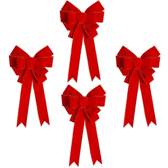 Happon 4 Pack Red Christmas Bows Outdoor Decorations,16”x8.5” Large Christmas Tree Topper Bow,Christmas Wreath Bow with Gold Edge for Xmas Home Front Door Decor