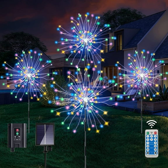 Happon 4 Pack Solar Firework Lights Outdoor Waterproof, Solar Garden Lamp 480 LED Total with Remote Control, DIY Copper Wire Light for Garden Patio Party Yard Decor (Multi-Colored)