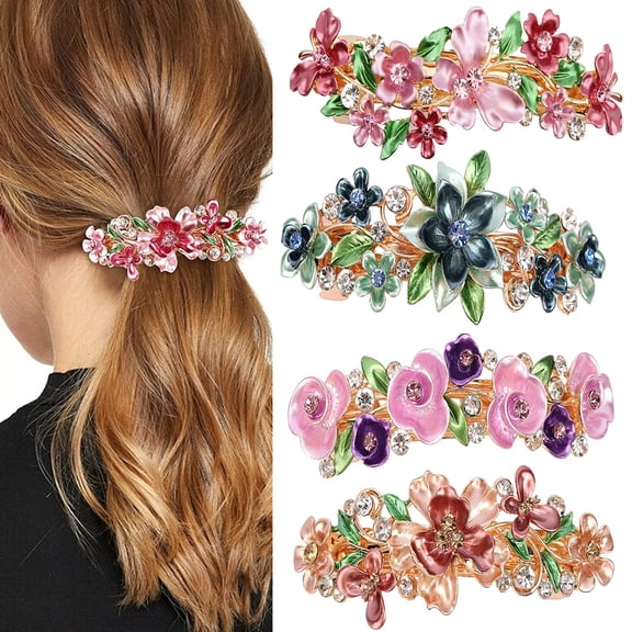 Happon 4 Pcs Vintage Flower Hair Barrettes French Sparkly Hairpin Elegant Rhinestone Hair Clip Metal Crystal Hair Clip Snap Hair Clips for Women