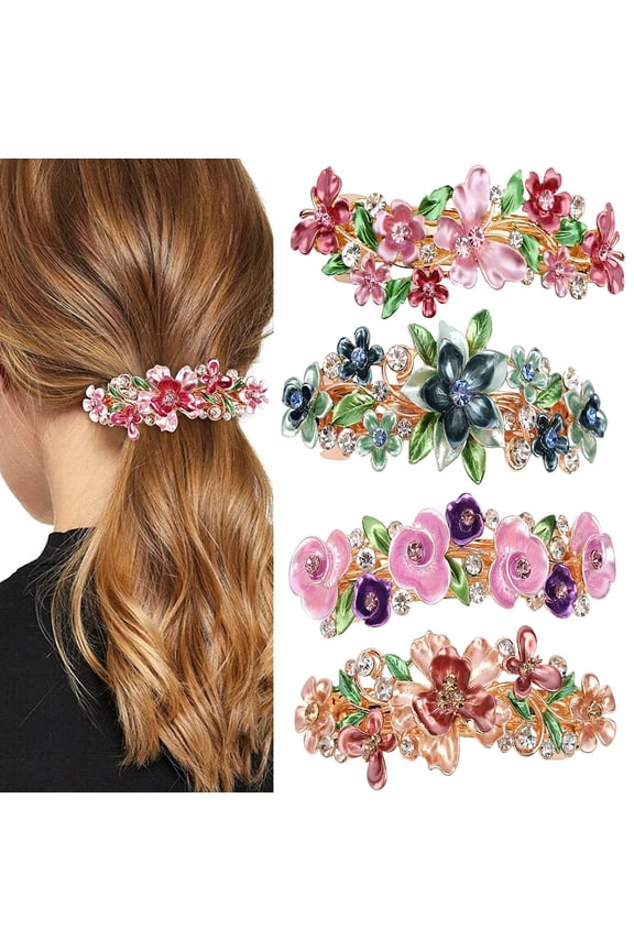 4 Pcs Vintage Flower Hair Barrettes French Sparkly Hairpin Elegant Rhinestone Hair Clip Metal Crystal Hair Clip Snap Hair Clips for Women