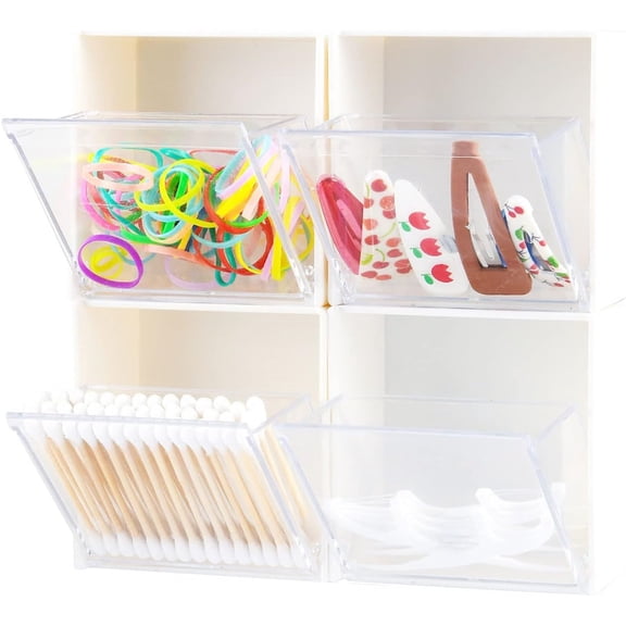 Happon 4PCS Wall Mounted Holder Dispenser, Cotton Pads Organizer Small Storage Box Cotton Swab Jar Containers,Plastic Storage Container for Cotton Ball, Floss, Cotton Swab, Cotton Rounds
