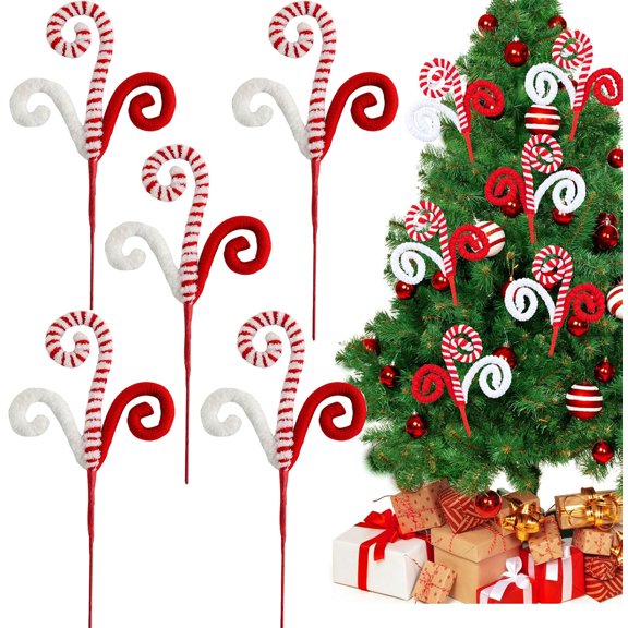 Happon 6 Pcs Red&White Christmas Tree Decorations Picks Christmas Tree Woolen Candy Curly Pick,Christmas Tree Decorations Home Office Vase Party Ornaments for Vase Filler Home Office Decor