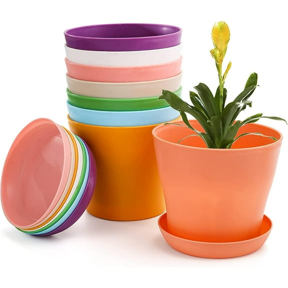 Happon 8 Pack 4 inch Plastic Planters Assorted Flower Plant Pots Seedling Nursery Pots with Tray, Outdoor Indoor Plants for Seedling, Transplanting, Cutting, Random Color (XS Size )