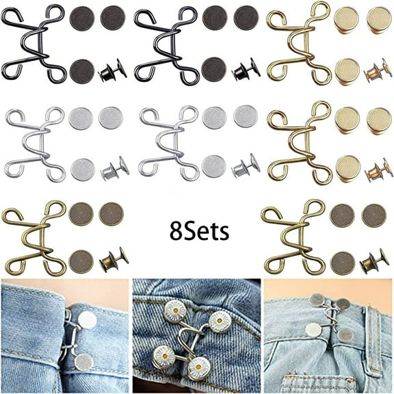 Happon 8 Sets Nail-Free Adjustable Snap Button Waist Buckle Extender, Waist Buckles No Sew Waist Buckle with Rivets, Jeans Extender for No Sewing Instant Buckles for Jeans, Pants, Skirts, Collar