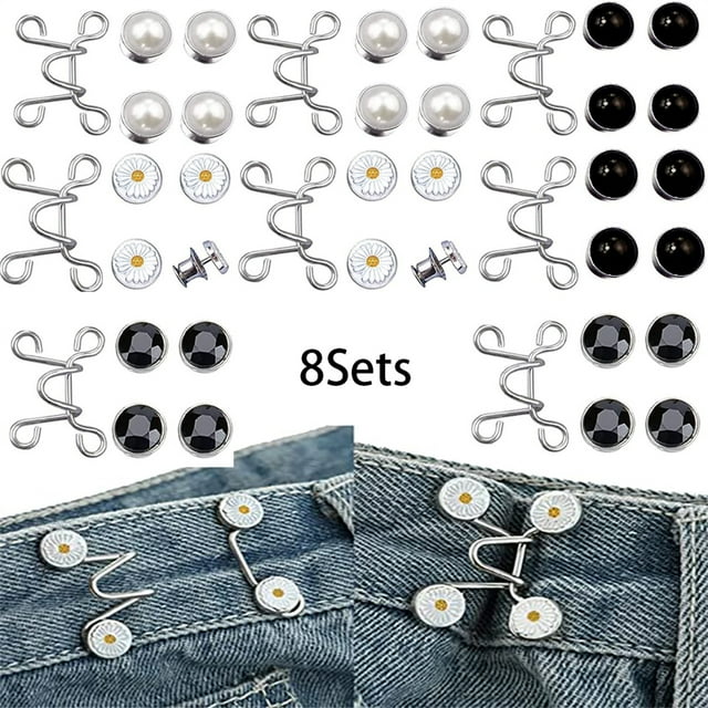Happon 8 Sets Pant Waist Tightener Instant Jean Buttons for Loose Jeans Pants Clips for Waist Detachable Jean Buttons Pins No Sewing Waistband Tightener