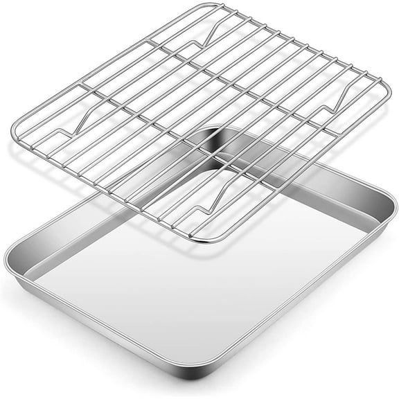 Happon Baking Sheet with Wire Rack Set 9.2" x 6.8" - Single Set with Half Sheet Pan & Stainless Steel Oven Rack for Cooking