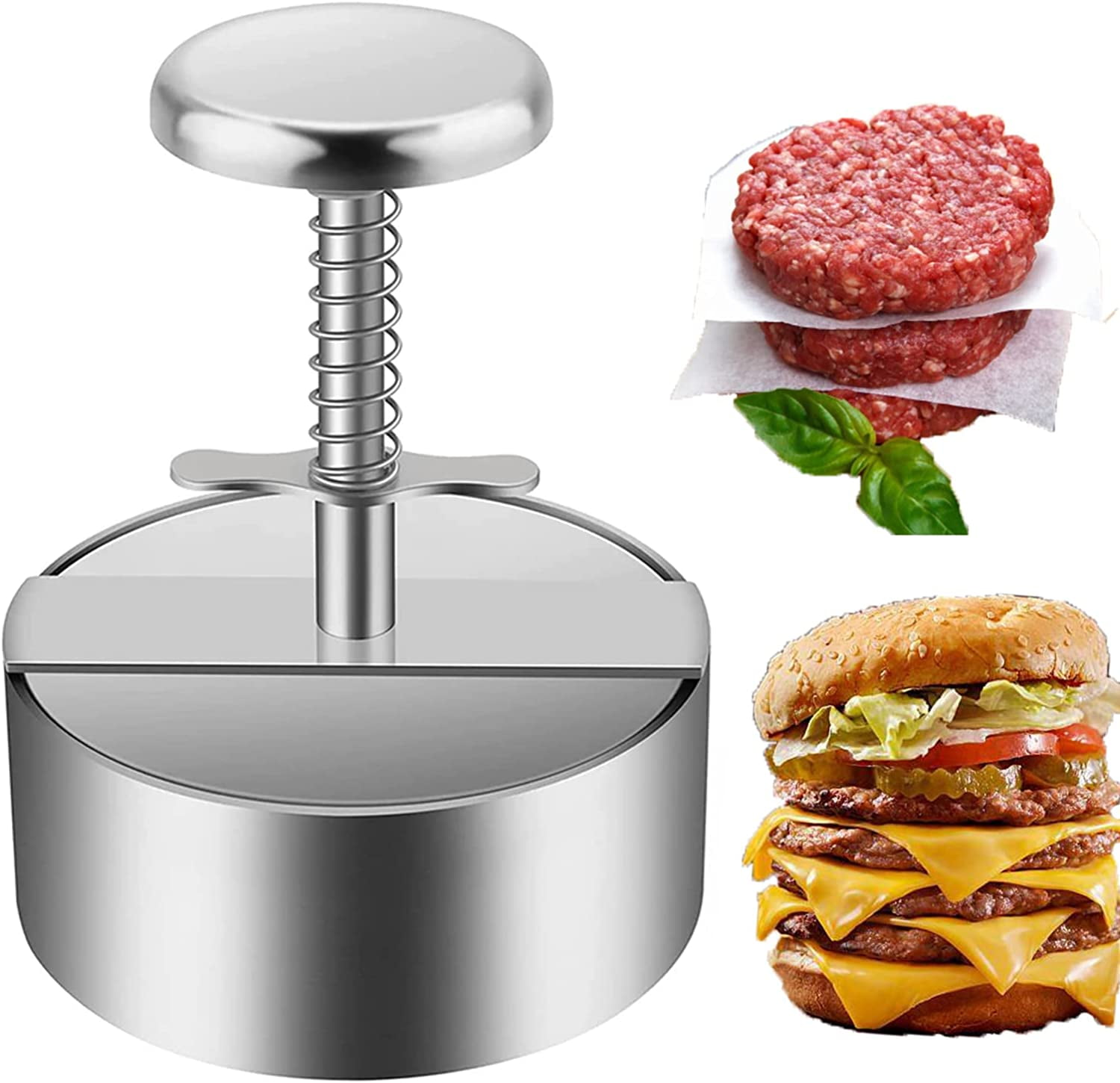 Happon Burger Press Maker, Silver Stainless Steel Adjustable Hamburger Patty Maker with Spring, 5.5 in Large Non-Stick Patty Making Mold for Beef BBQ Cooking Makes 0.88 lb Patties