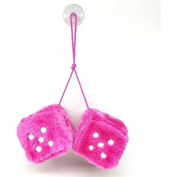 Happon Fuzzy Plush Dice for Car Mirror,Square Mirror Hanging,1 Pair of Retro 3 Pink Dice with White Dots for Car Interior Hanging Ornament Decoration