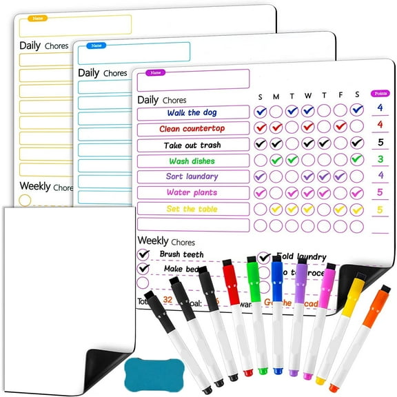 Happon Magnetic Chore Chart 3 Pcs for Multiple Adults - Fine Tip Markers - Dry Erase Refrigerator Boards - Reward Good Behaviour & Responsibility - Organise The Family