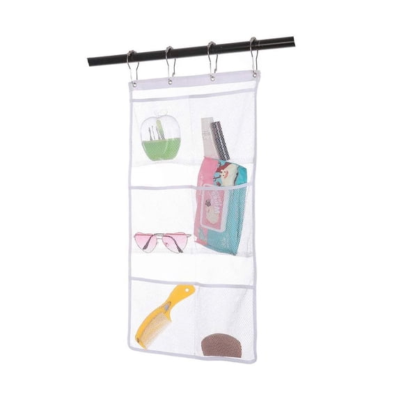 Happon Mesh Hanging Caddy Organizer with 6 Pockets, Shower Curtain Rod Liner Hanging Organizer Storage Pockets Bathroom Hanger Organizer, Bath Toy Holder Organizer with Portable 4 Rings