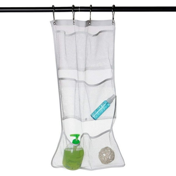 Happon Mesh Shower Organizer Hanging, 6 Pockets Bath Shower Caddy Organizer Hanging Bathroom Shower Curtain Rod Accessories 4 Rings, Quick Dry