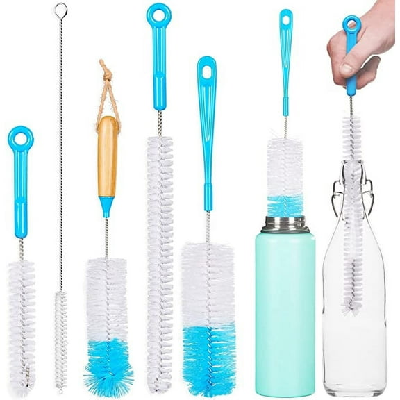Happon Microfiber Bottle Brush Cleaner Pack Bottle Cleaning Brush Set of 5 Long, Cleaning Brushes for Baby Bottles, Water Bottles, Straws, Tumblers, Wine Decanters and Flask - Kitchen Supplies