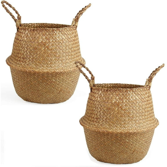 Happon Set of 2 Pieces Woven Seagrass, Hand Woven Belly Basket for Storage Basket, Laundry, Picnic, Plant Pot Cover, Beach and Grocery Basket (Small)