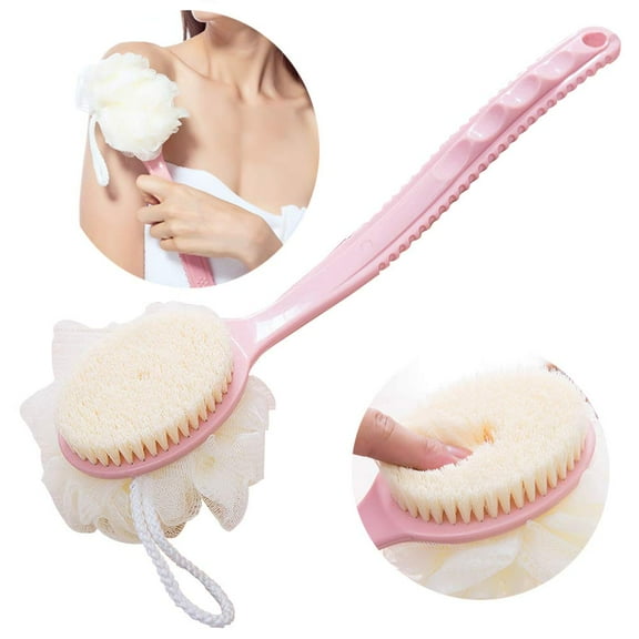 Happon Shower Body Brush with Bristles and Loofah,Back Scrubber Bath Mesh Sponge with Curved Long Handle for Skin Exfoliating Bath, Massage Bristles Suitable for Wet or Dry, Men and Women（Pink,1PCS）