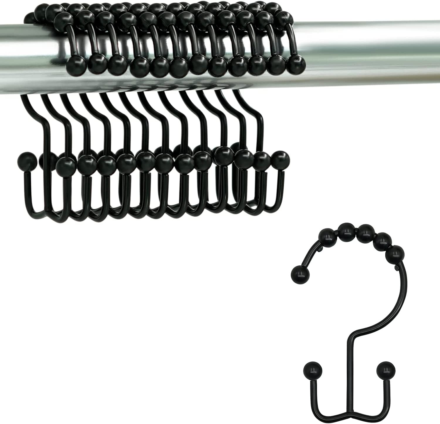 Black Stainless Steel Double Hook Shower Curtain Rings, Set of 12
