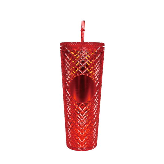 Happon Studded Tumbler with Lid & Straw, Plastic Cup for Iced Coffee, Smoothie, 24 Oz Transparent Red Drinking Tumblers