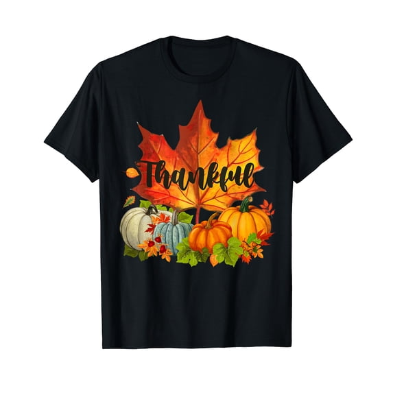 Happpy Thanksgiving Day Autumn Fall Maple Leaves Thankful Short Sleeve Black T-Shirt