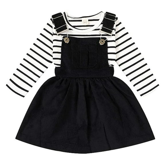 Happpy Town Baby Girls Outfit Suit 18M-4T Fall Winter Long Sleeve Stripe Top And Strap Dress Toddler Set
