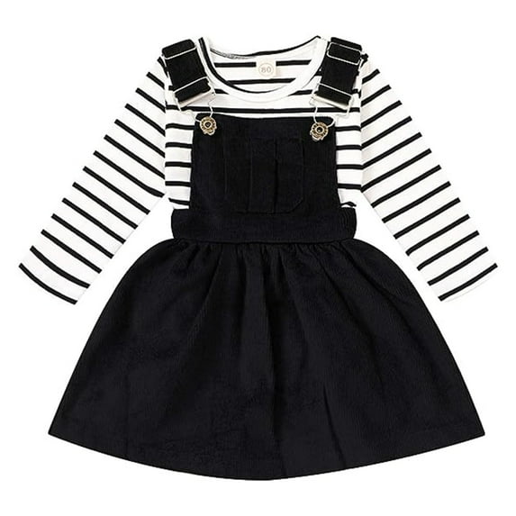 Happpy Town Baby Girls Outfit Suit 18M-4T Fall Winter Long Sleeve Stripe Top And Strap Dress Toddler Set