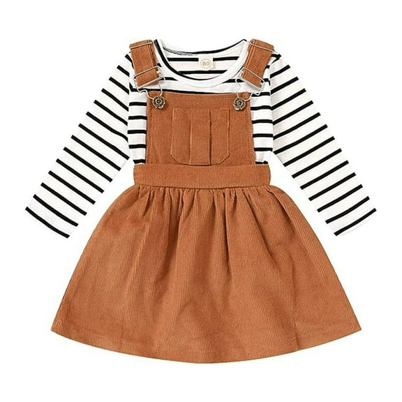 Happpy Town Baby Girls Outfit Suit 18M-4T Fall Winter Long Sleeve Stripe Top And Strap Dress Toddler Set