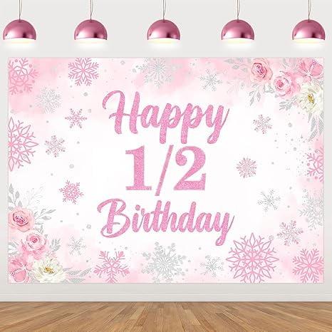 Happy 1/2 Birthday Backdrop Decor 7 * 5 ft Pink Snowflake 1/2 Birthday Backdrop Decorations Winter 1/2 Birthday Backdrop Ice Snow 1/2 Birthday Decor for Winter Floral Half Year Birthday