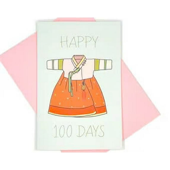 Happy 100 Days Card with Traditional Korean Hanbok Design – Perfect for Celebrating Milestone Events – Blank Inside for Personal Messages – Comes with Envelope