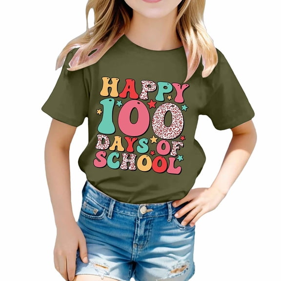 Happy 100 Days of School Shirt Toddler Kids Boys Girls Short Sleeve Shirts Fashion Cute Letter Printed Tops Back to School Clothes A02 Army Green 6-7 Years