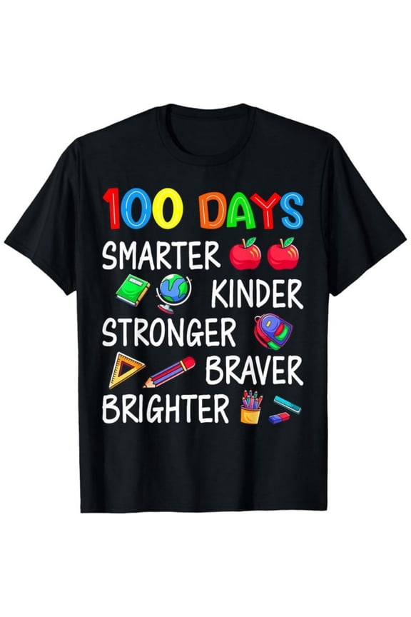 Happy 100 Days of School 100th Day of School Kids Boys Girls T-Shirt, Back To School T-Shirt for Kids, Black, 180gsm, 100% Cotton