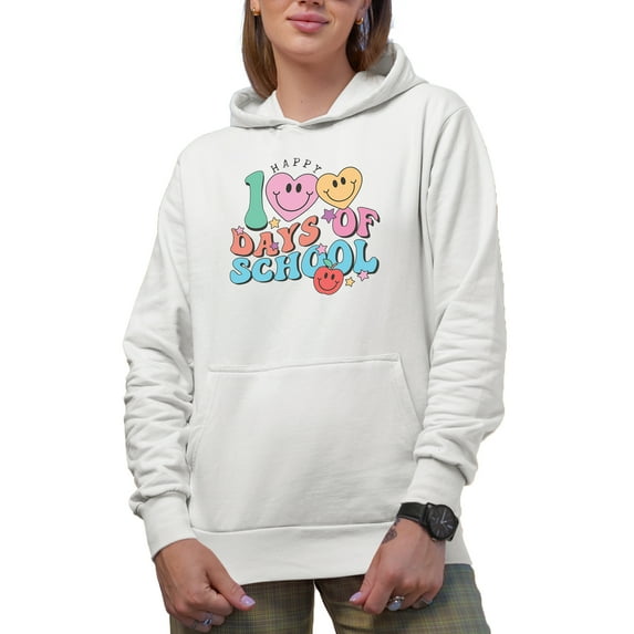 Happy 100 Days of School, 90s Retro Wavy Text Art Merch Gift, White Hooded Sweatshirt or Hoodie, Small
