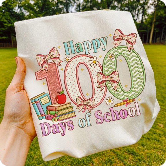 Happy 100 Days of School Sweatshirt | Embroidery-Style Design with Bows Books | Teacher & Student for Sublimation Apparel