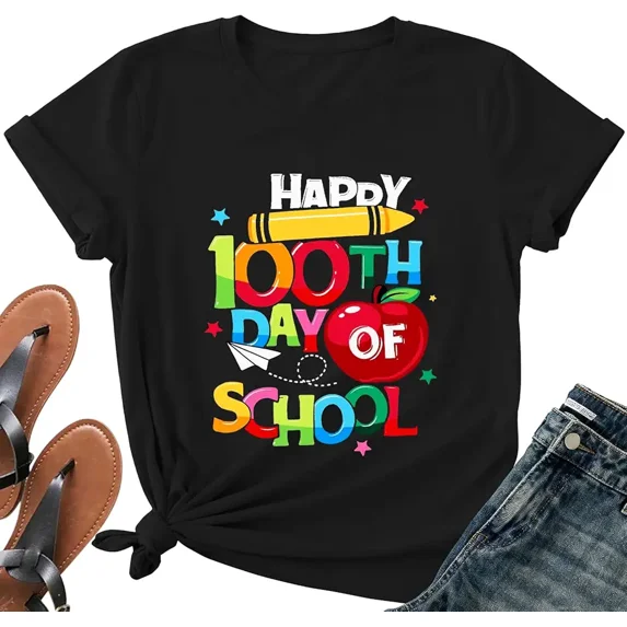 Happy 100 Days of School Teacher Shirt-Women 100th Day Teacher Life Short Sleeve Cute School Days Tee Top