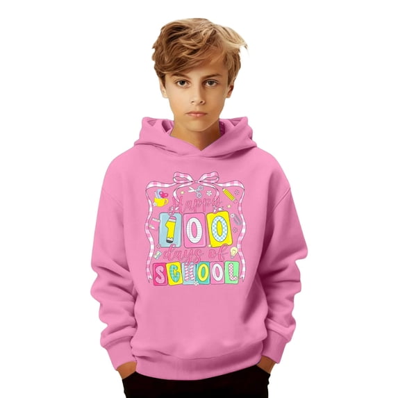 Happy 100 Days of School Unisex Hoodies for K_ids - Funny Print Drop Shoulder Long Sleeve Sweatshirts, Casual Back to School Tops for B`oys & G`irls