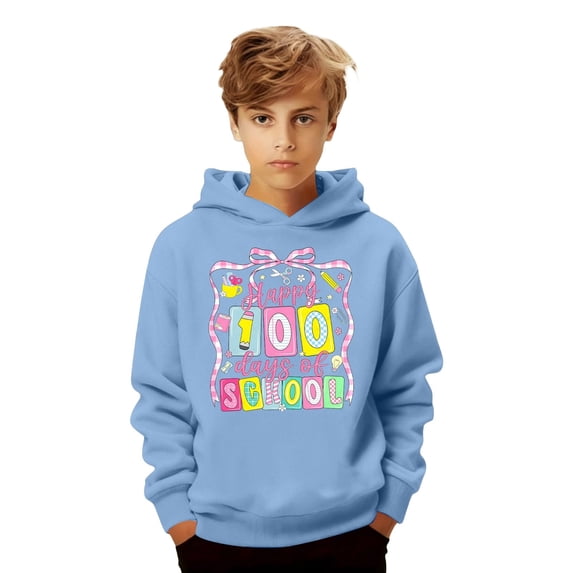 Happy 100 Days of School Unisex Hoodies for K_ids - Funny Print Drop Shoulder Long Sleeve Sweatshirts, Casual Back to School Tops for B`oys & G`irls
