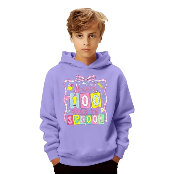 Happy 100 Days of School Unisex Hoodies for K_ids - Funny Print Drop Shoulder Long Sleeve Sweatshirts, Casual Back to School Tops for B`oys & G`irls