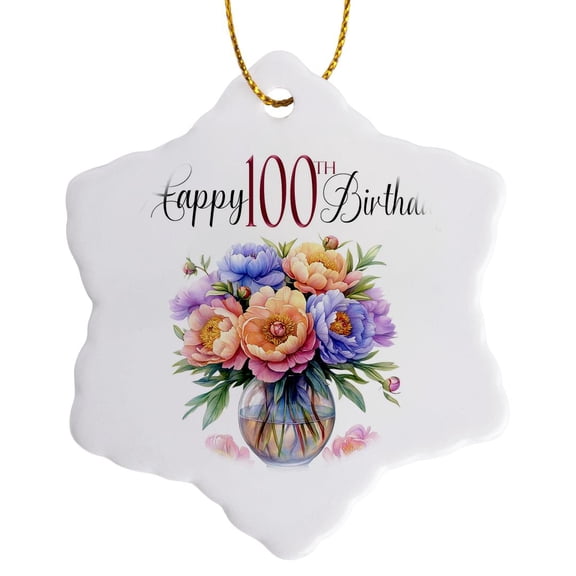 3drose, Happy 100th Birthday Pretty Vase of Pastel Peony Flowers, 3 inch Snowflake Porcelain Ornament