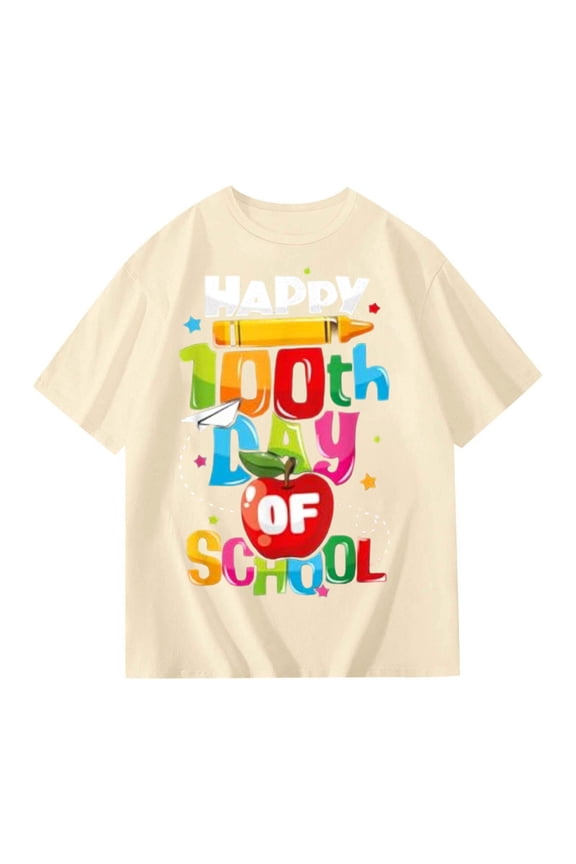 Happy 100Th Day Of School Pencil Apple Print Kids' T Shirt Top Back To School Season Short Sleeve Beige 3 Y-4 Y