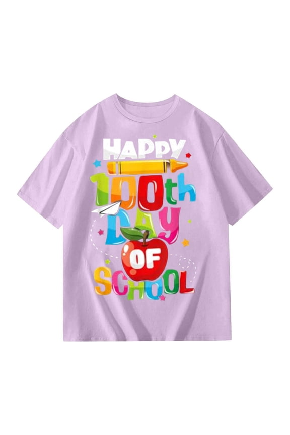 Happy 100Th Day Of School Pencil Apple Print Kids' T Shirt Top Back To School Season Short Sleeve Light Purple 13 Y-14 Y