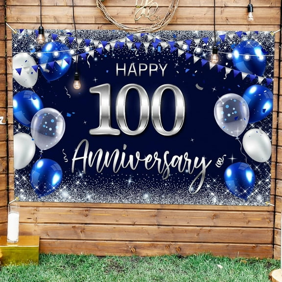 Happy 100th Anniversary Backdrop Banner Decor Blue Silver Happy 100 Years Wedding Anniversary Party Theme Decorations for Women Men Supplies