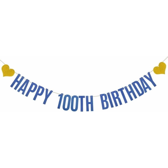 Happy 100th Birthday Banner, Pre-Strung,Blue Glitter Paper Garlands Banner for 100th Birthday Party Decorations Supplies, Letters Blue,