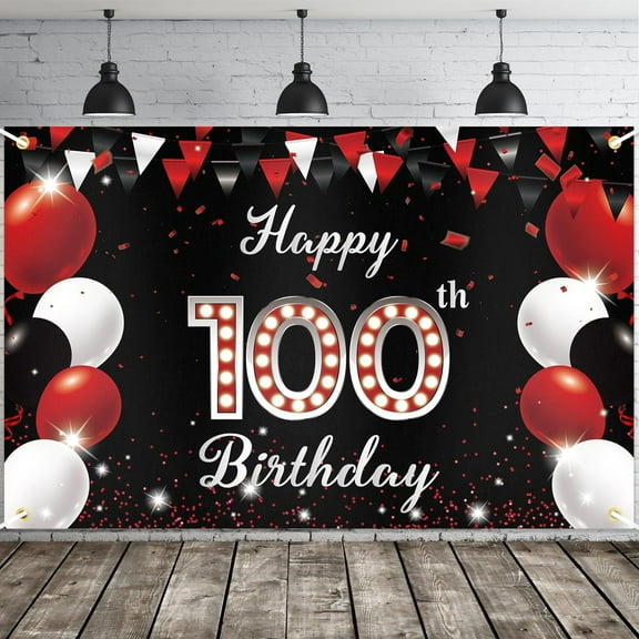 Happy 100th Birthday Banner, Red Black Happy 100th Birthday Party Decorations for Men Women, 100 Year Old Birthday Supplies Backdrop Décor