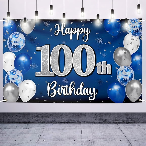 Happy 100th Birthday Decorations,100th Blue & Silver Balloon Large Birthday Banner Backdrop