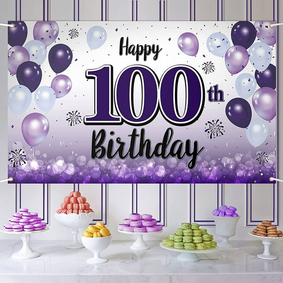Happy 100th Birthday Purple Large Banner - Cheers to 100 Years Old Birthday Home Wall Photoprop Backdrop,100th Birthday Party Decorations