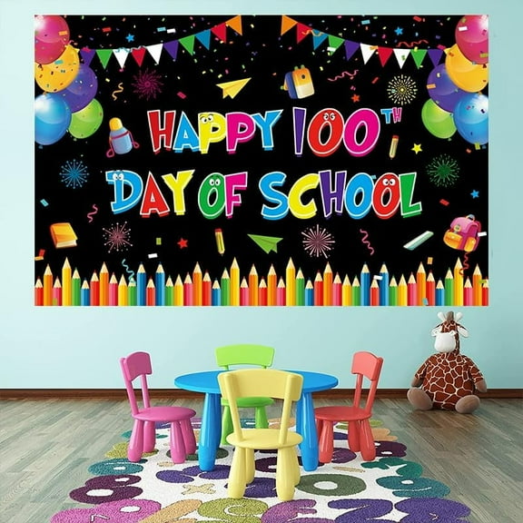 Happy 100th Day of School Backdrop Banner, Happy 100 Days School Background Backdrop Photography Photo Booth Props for Kids School Classroom 100th Day of School Decorations