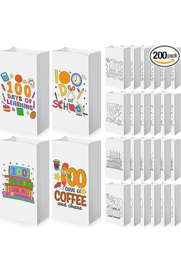 Happy 100th Day of School Paper Bags 100 Days White Paper Bags Back to School Goodie Bags for Kids Students 100th Day Activities Party Gift Favor Bags DIY Classroom Supplies Decorations 200 PIECES