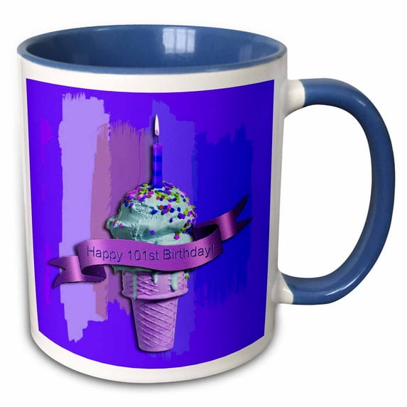 3drose, Happy 101st Birthday, Strawberry Ice Cream Cone on Abstract, Purple, 11oz Two-tone Blue Mug