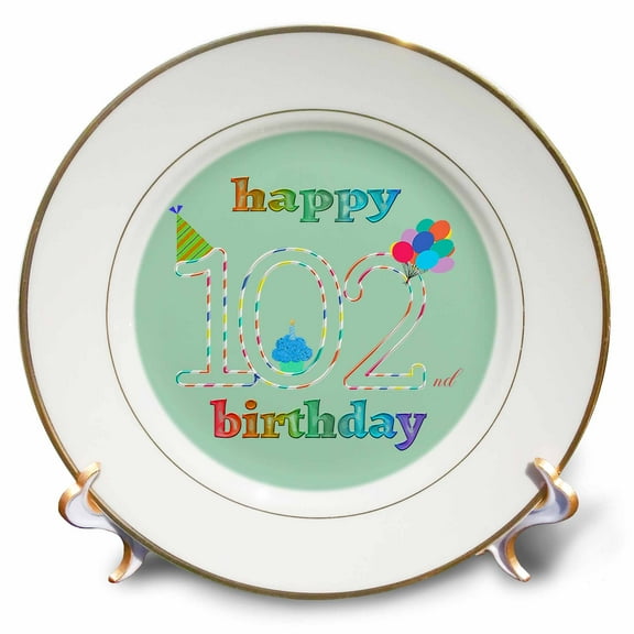 3dRose, Happy 102nd Birthday, Cupcake with Candle, Balloons, Hat, Colorful , 8 inch Porcelain Plate